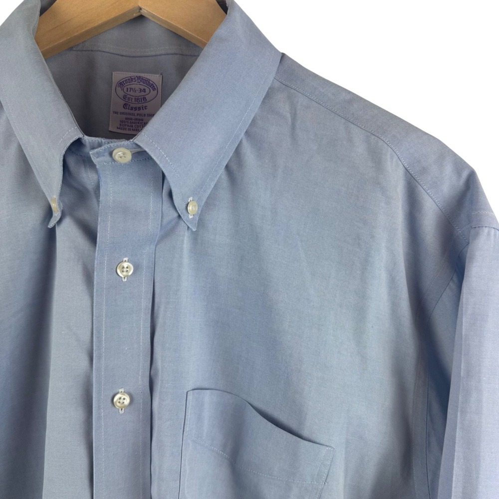 Brooks Brothers Button Down Shirt Mens 17.5-34 Blue Classic Non-Iron Cotton